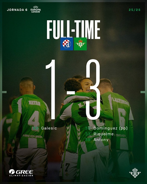 贝蒂斯闪电战！3-1客胜萨格勒布迪纳摩 欧联6轮不败跃居次席