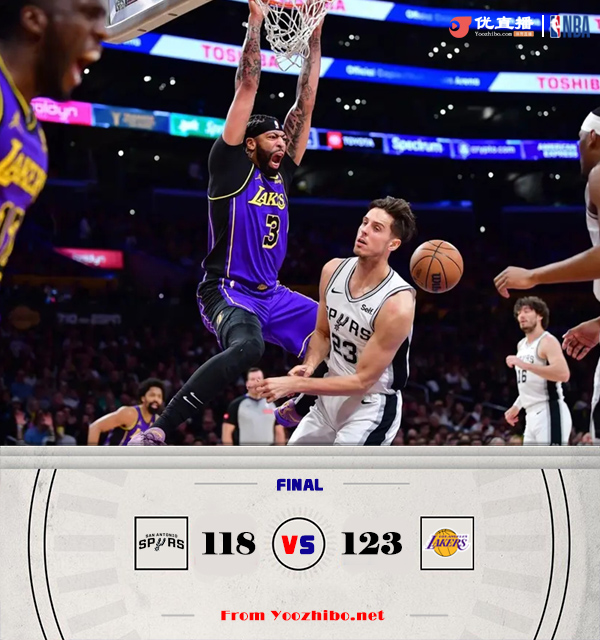 <a href=/lanqiubs/lakers/ target=_blank class=infotextkey>湖人</a>123-118力克<a href=/lanqiubs/spurs/ target=_blank class=infotextkey>马刺</a> 詹姆斯30+7+9 浓眉三节28+13 文班27+10+8+5+5