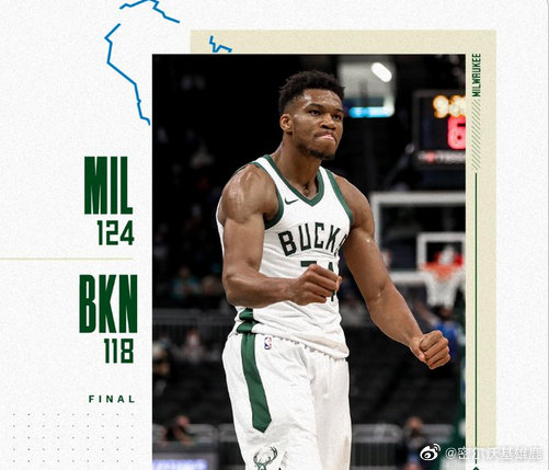 雄鹿124-118双杀篮网 字母哥33+10 霍勒迪23+8+10 杜欧合砍68分